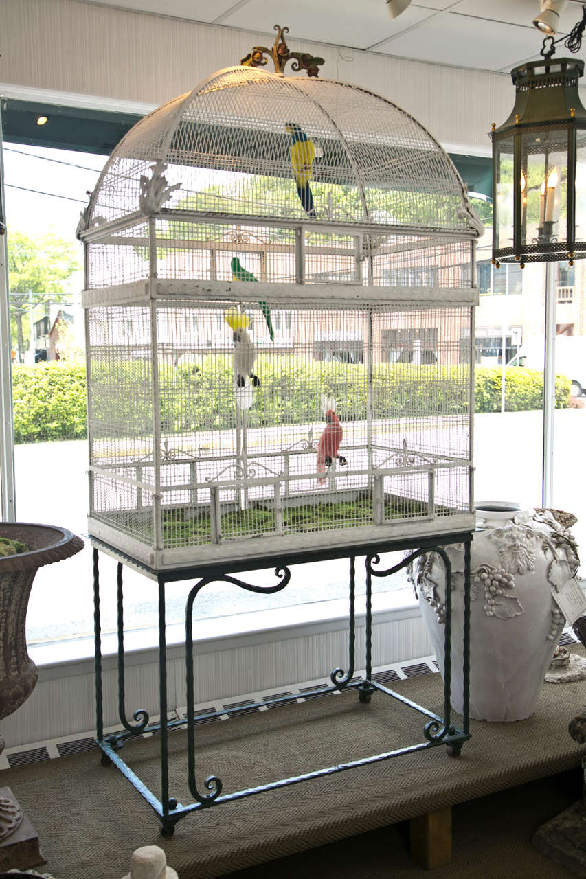 Painted White Metal Birdcage on Stand For Sale at 1stdibs