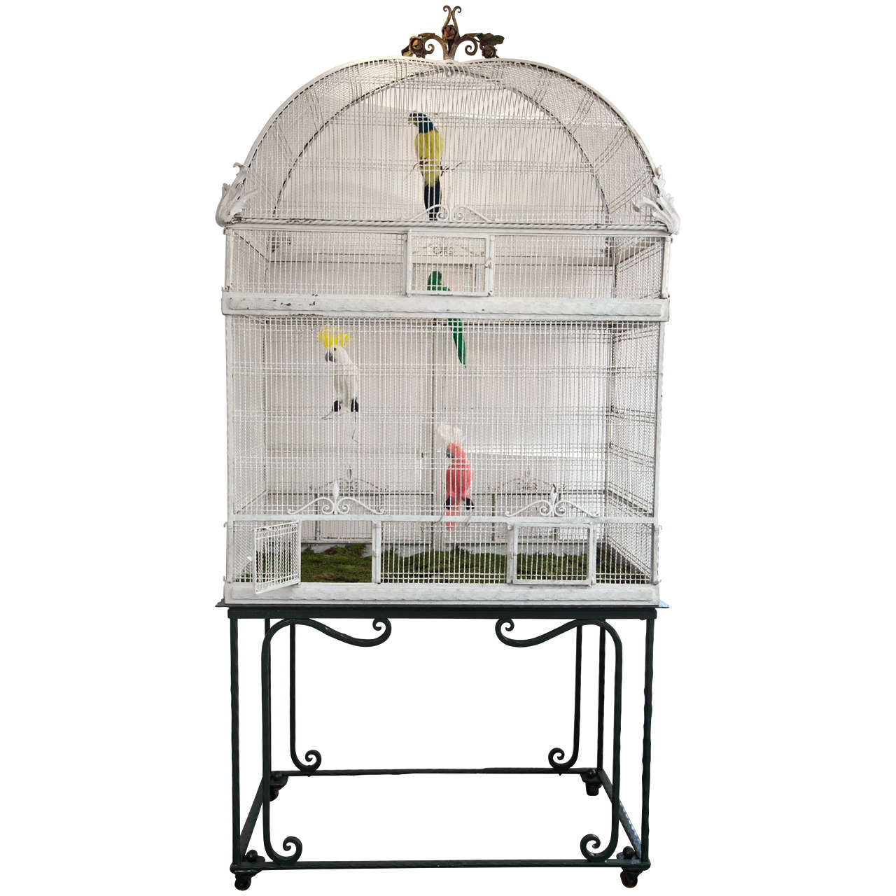 Painted White Metal Birdcage on Stand For Sale at 1stdibs