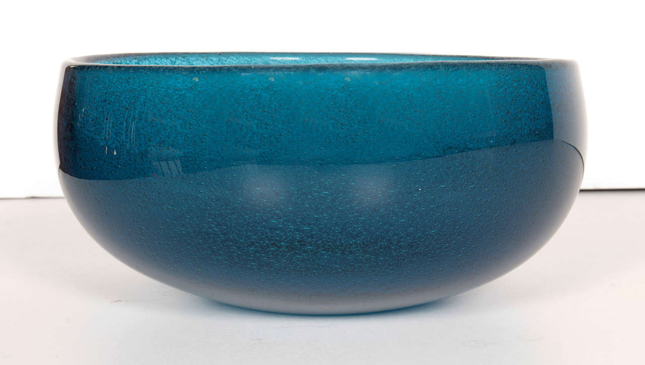 Swedish Beautiful Turquoise Bubble Glass Bowl by Sven Palmqvist