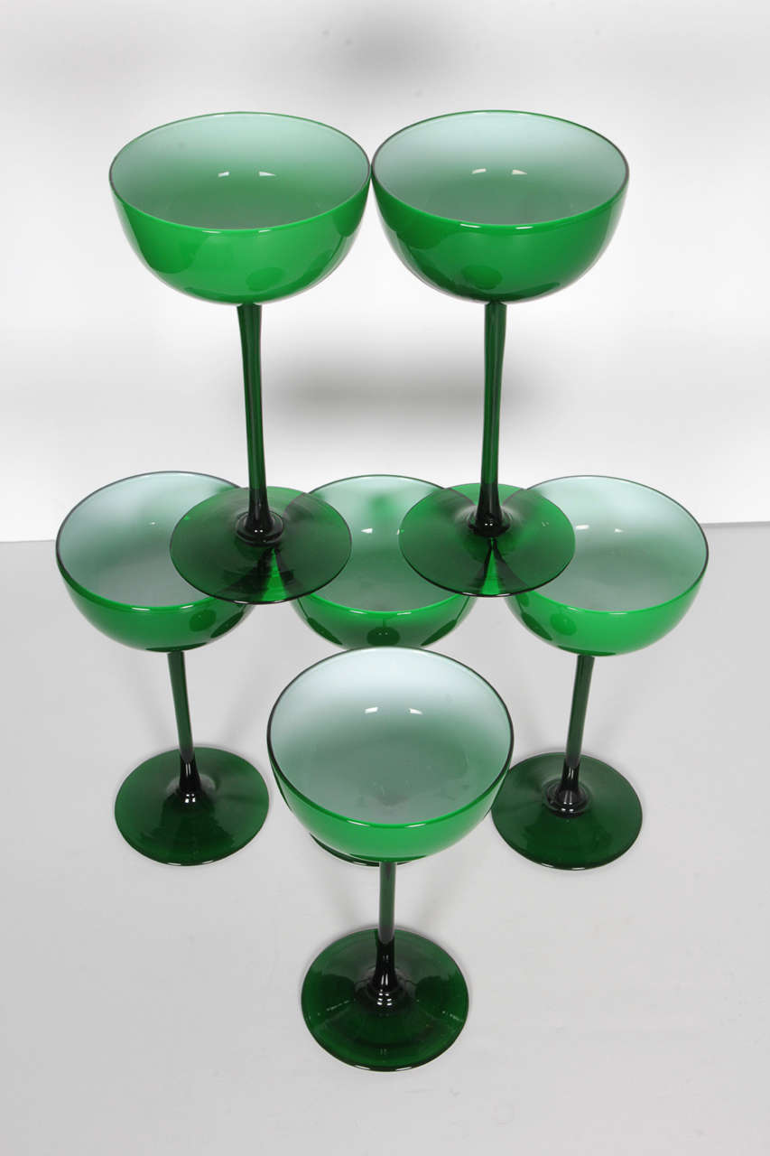 Mid-Century Modern Set of Six Emerald Green Cocktail Glasses by Carlo Moretti for Empoli