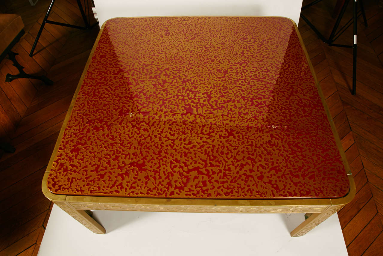 Bronze Table with Lacquered Wood Top by Peter Van Heeck In Excellent Condition In Bois-Colombes, FR