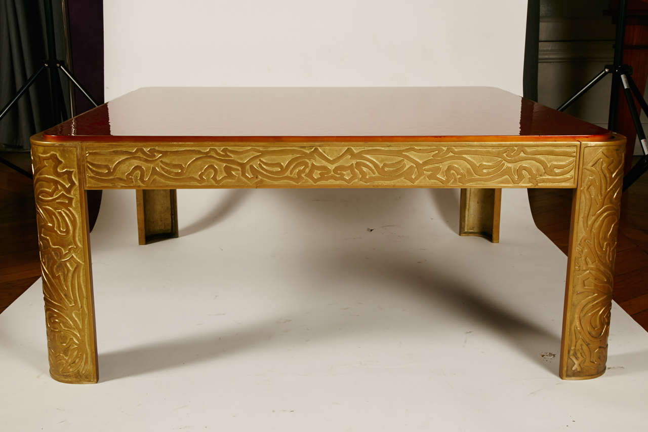 Late 20th Century Bronze Table with Lacquered Wood Top by Peter Van Heeck