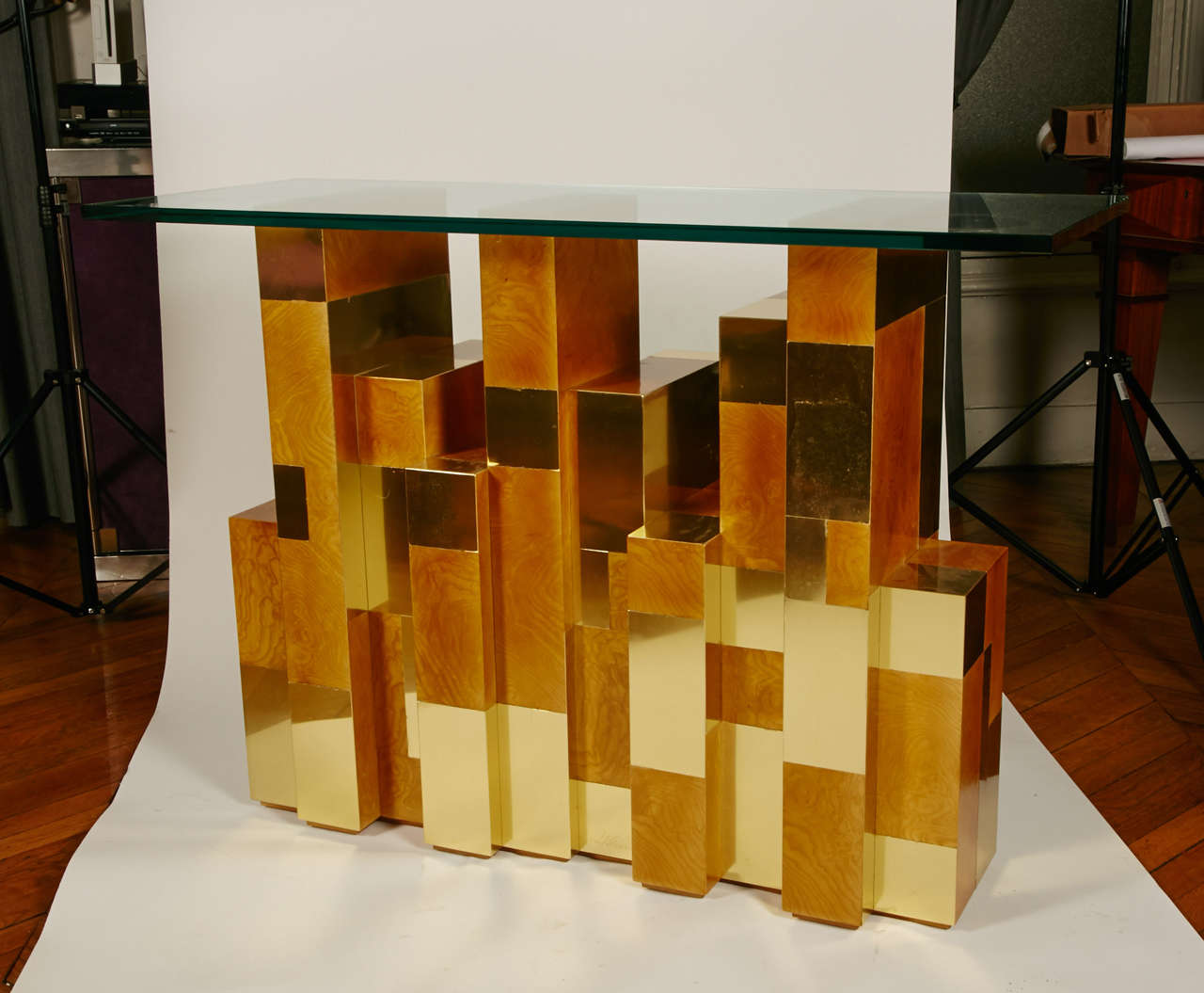 Cityscape console in brass and walnut signed Paul Evans.