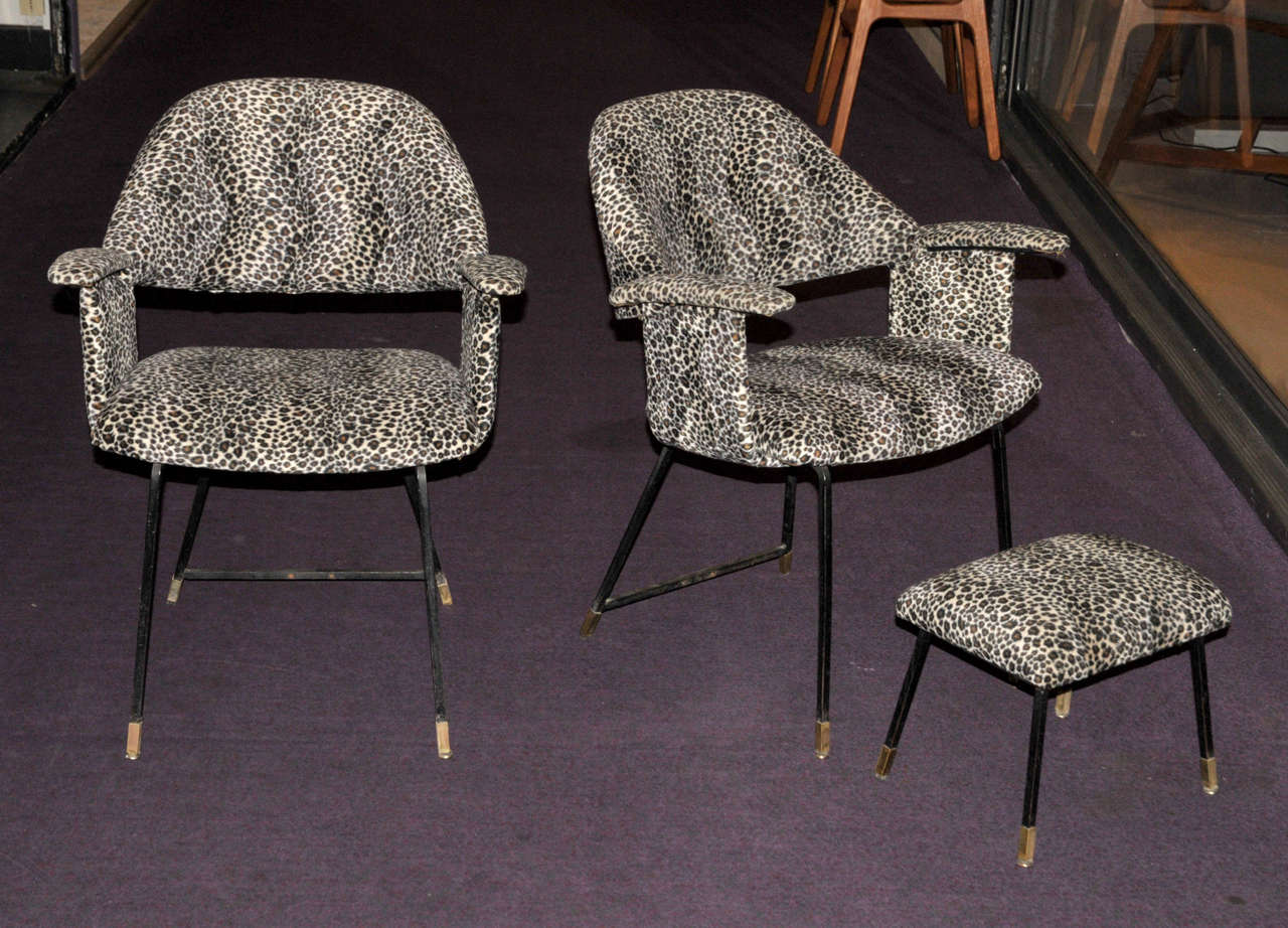 French Four 1970's Amrchairs and Two Footstools For Sale