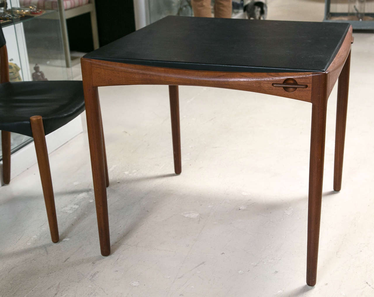 Mid-Century Modern Teak and Leather Game Table with Four Side Chairs, Signed