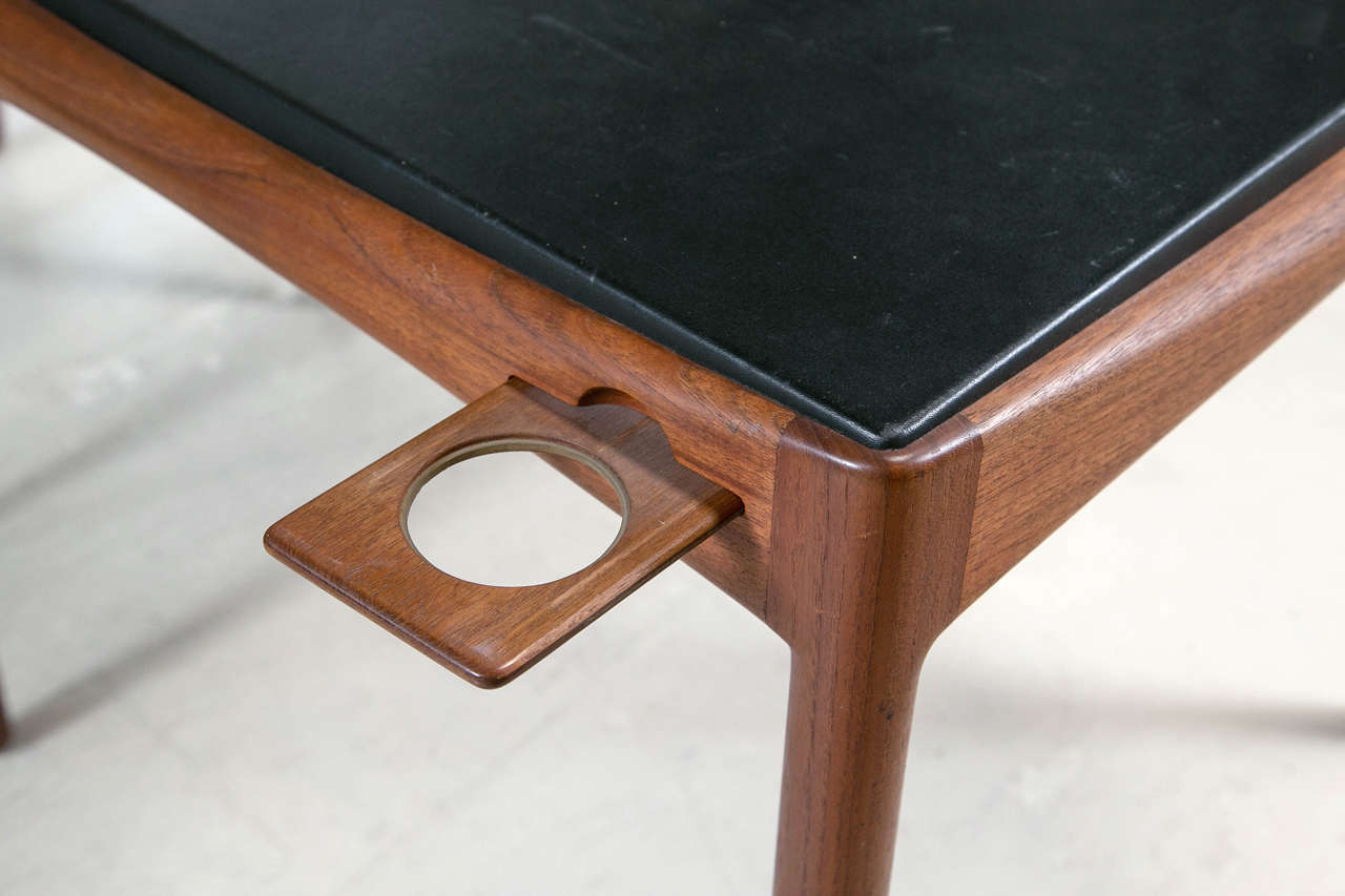 Danish Teak and Leather Game Table with Four Side Chairs, Signed