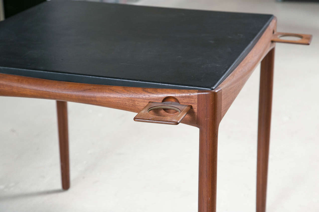 Teak and Leather Game Table with Four Side Chairs, Signed In Good Condition In Stamford, CT