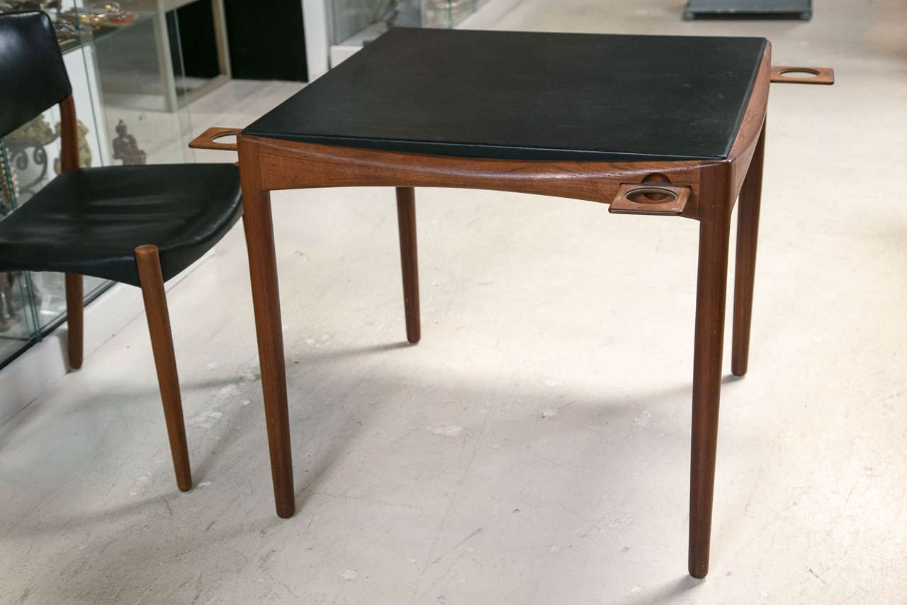 20th Century Teak and Leather Game Table with Four Side Chairs, Signed