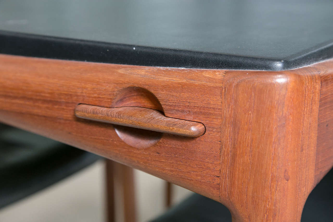 Teak and Leather Game Table with Four Side Chairs, Signed 4