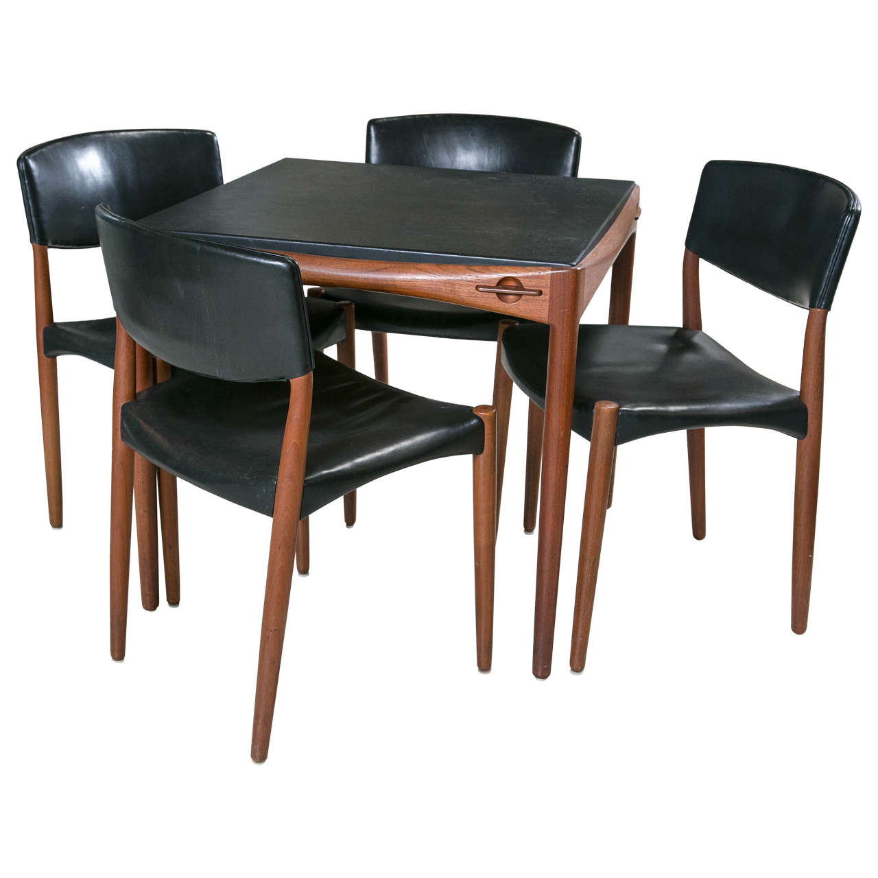 Teak and Leather Game Table with Four Side Chairs, Signed