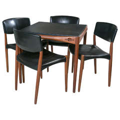 Teak and Leather Game Table with Four Side Chairs, Signed