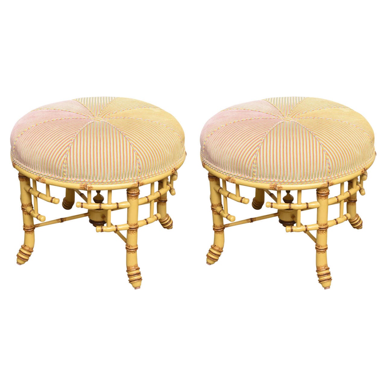 Pair of Schumacher Designer Faux Bamboo Ottomans