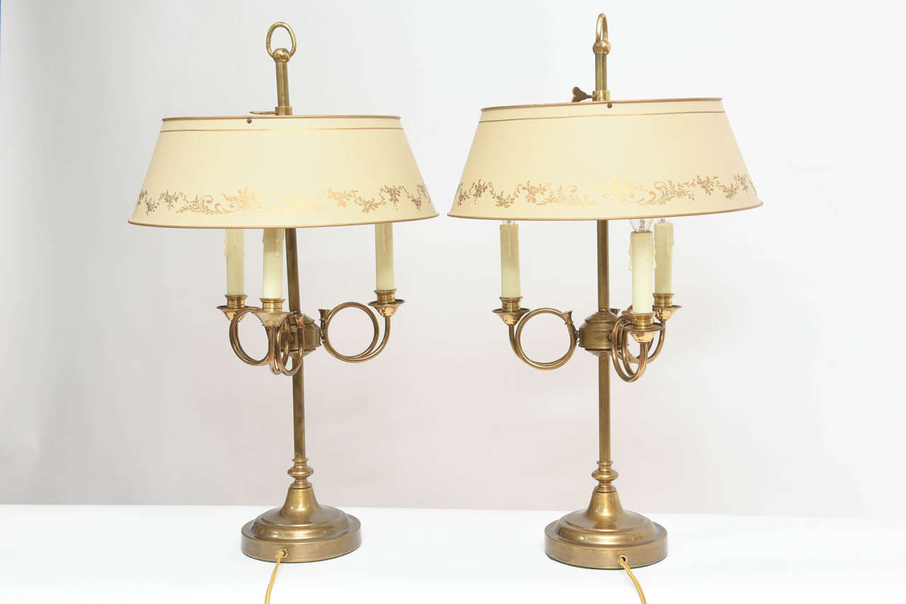 Brass Pair of French Bouillotte Table Lamps with Tole Shades