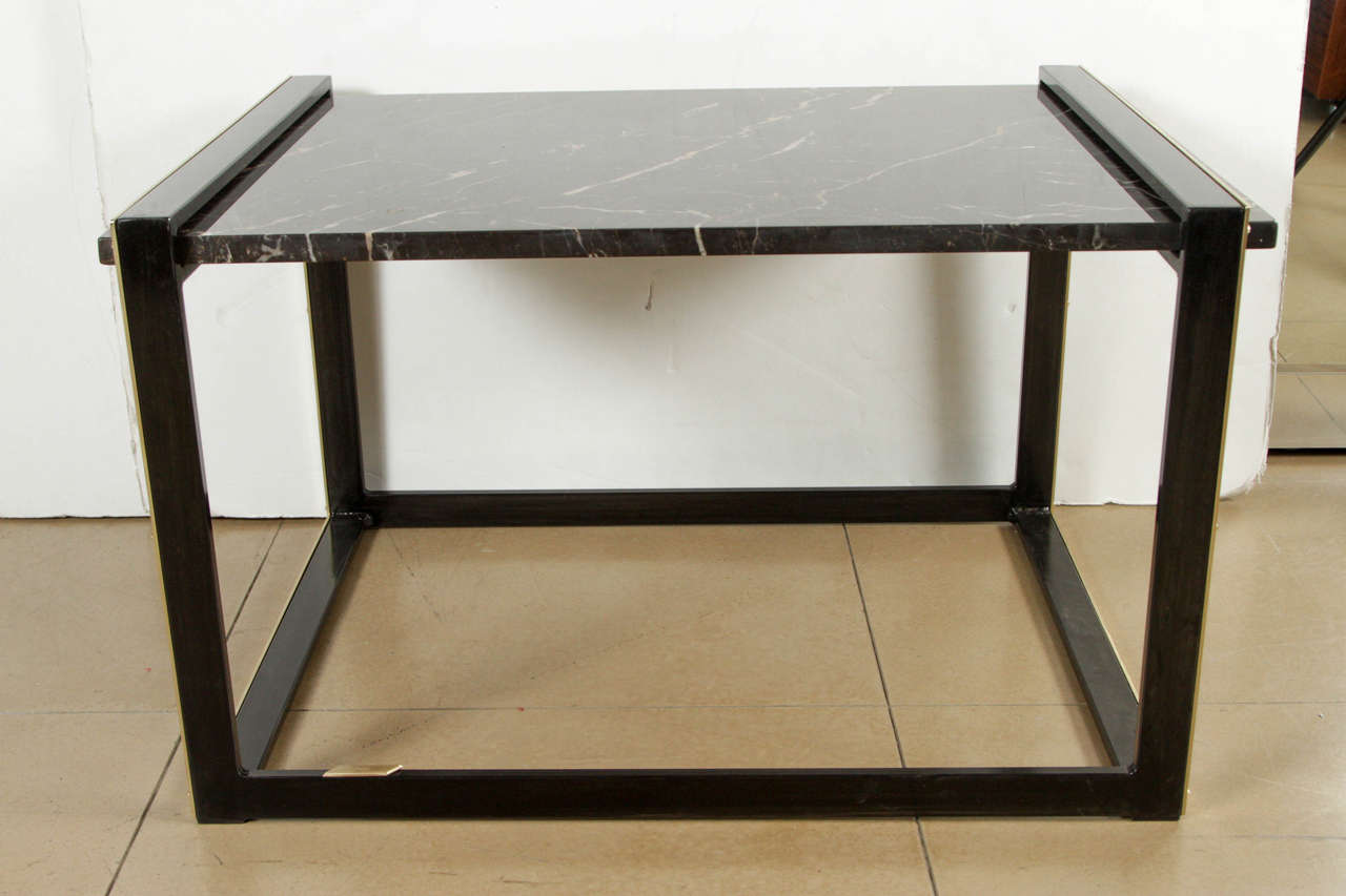 Blackened Steel and Marble Side Table with Brass Accents