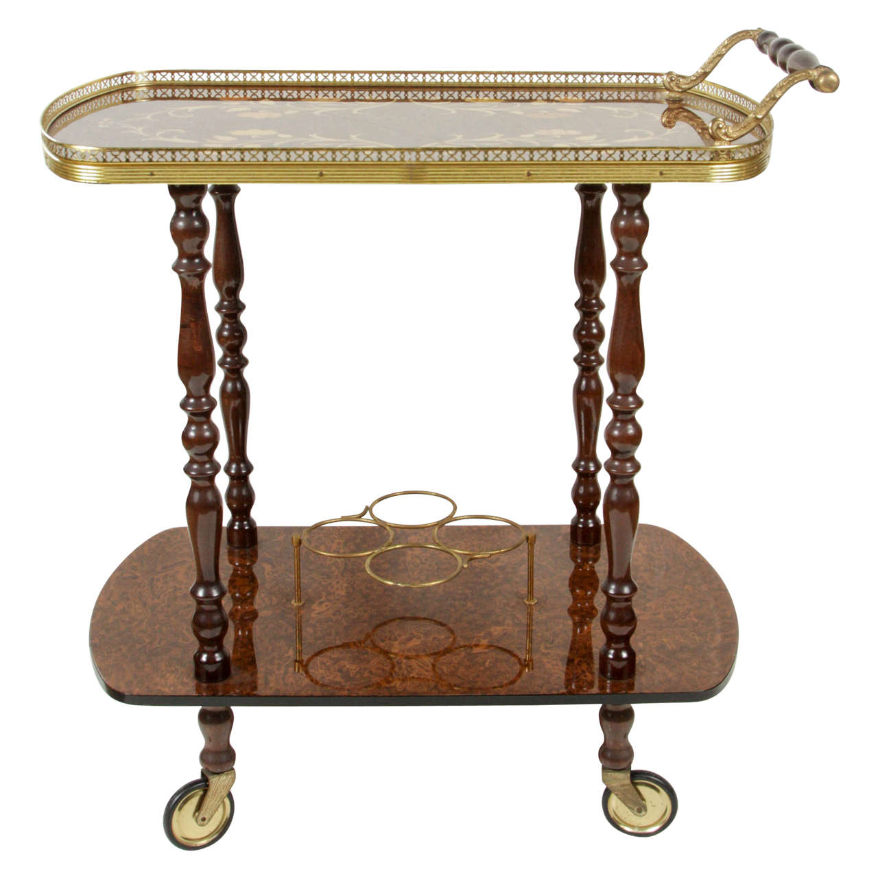 Burled Wood Bar Italian Cart with Brass Details