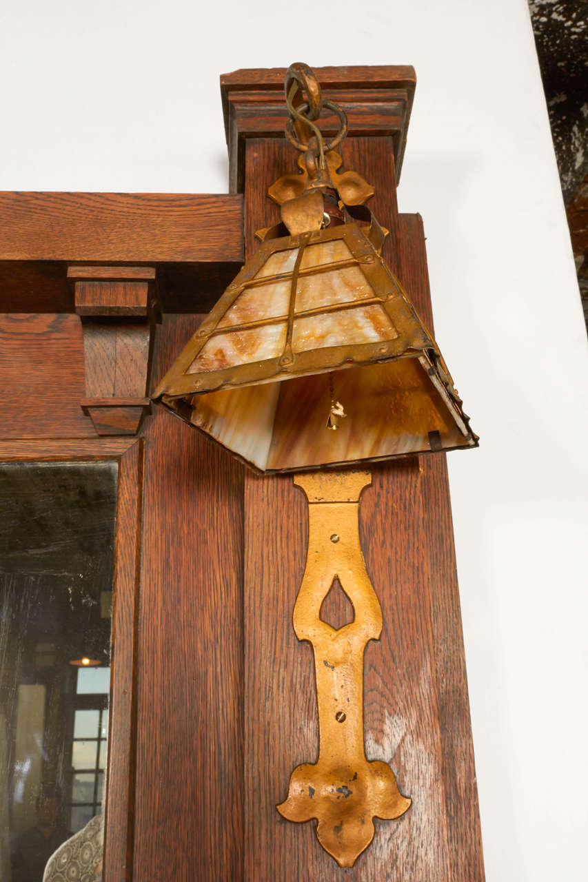 American Arts & Crafts Style Oak Fireplace Mantel with Sconces