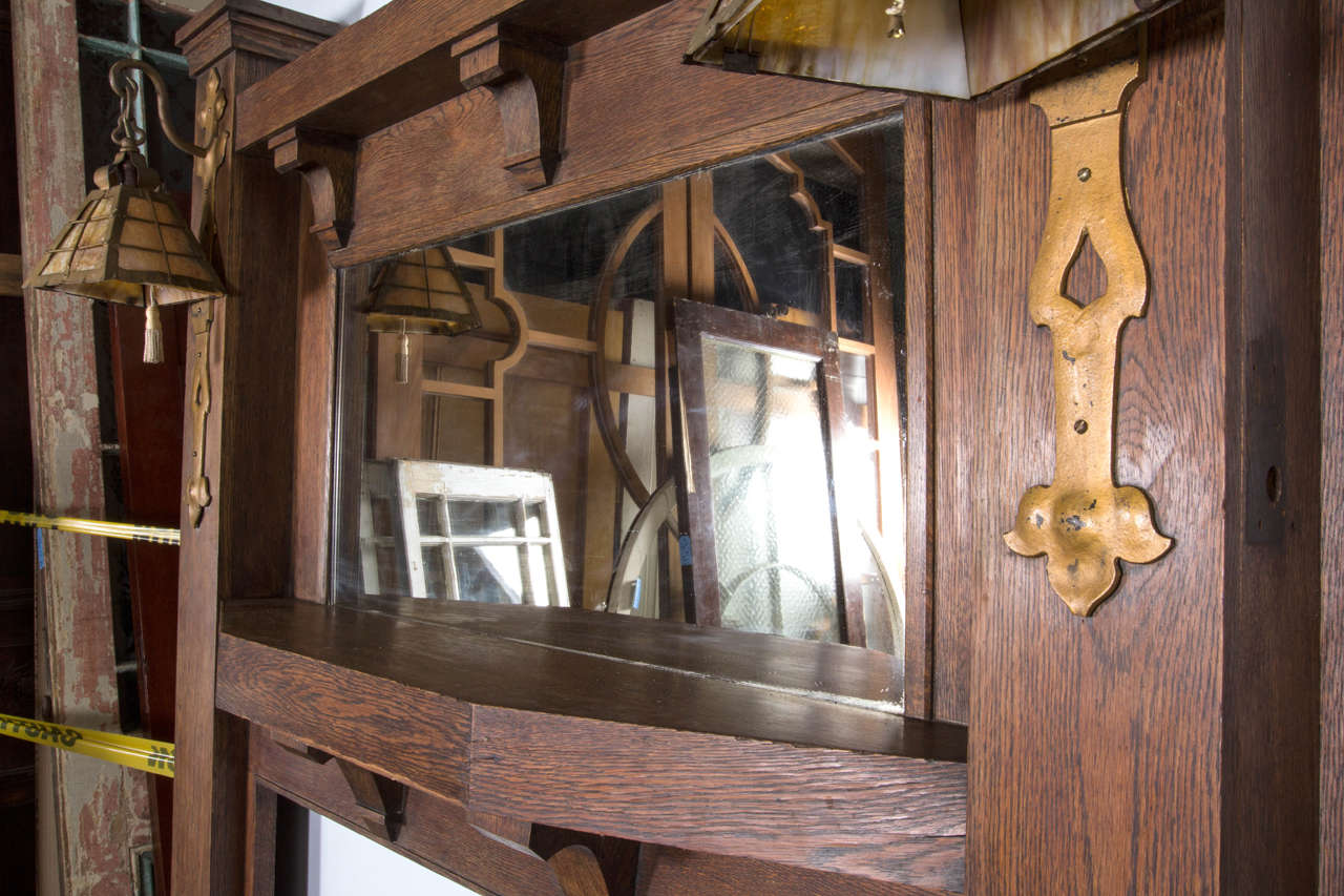 Arts & Crafts Style Oak Fireplace Mantel with Sconces In Excellent Condition In New York, NY