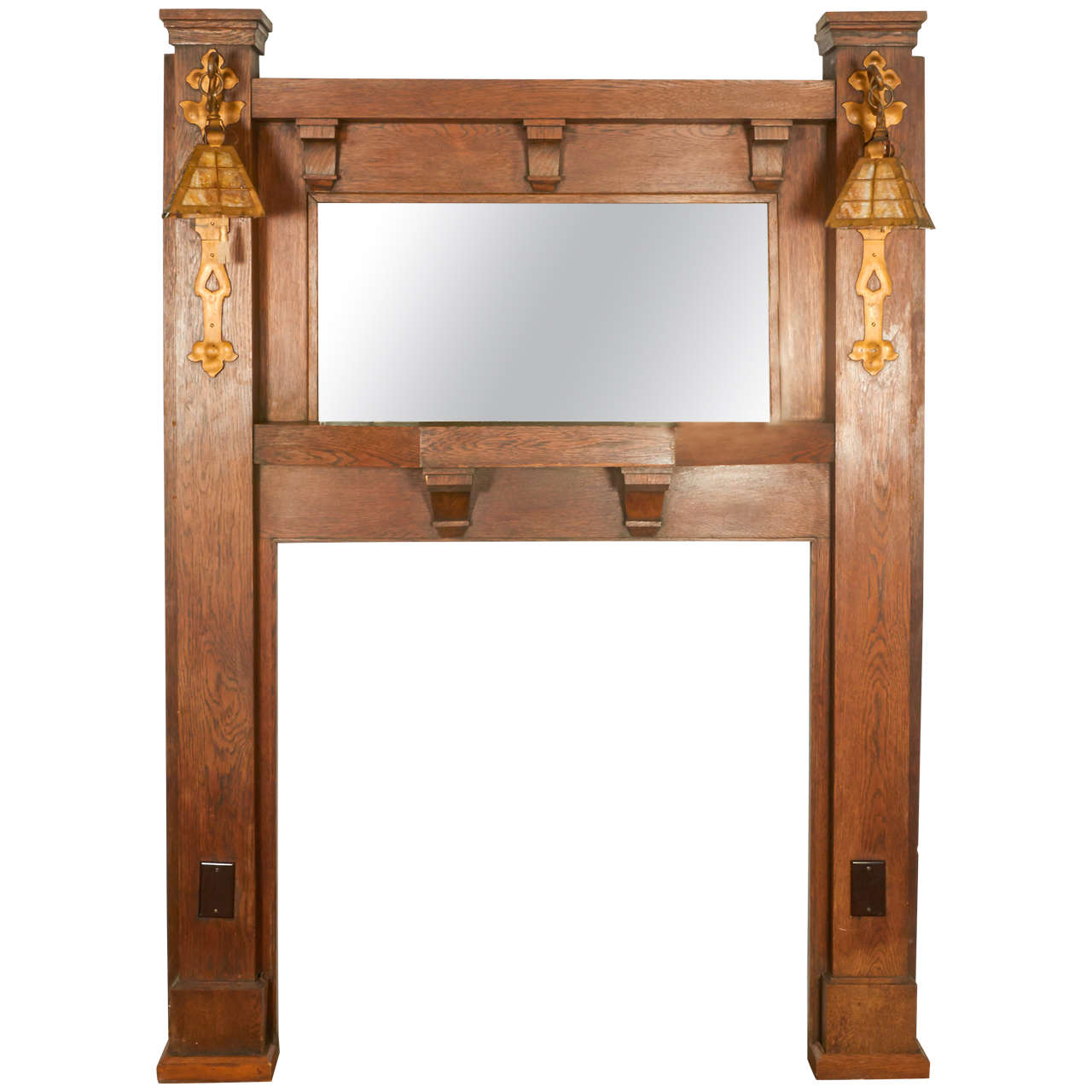 Arts & Crafts Style Oak Fireplace Mantel with Sconces