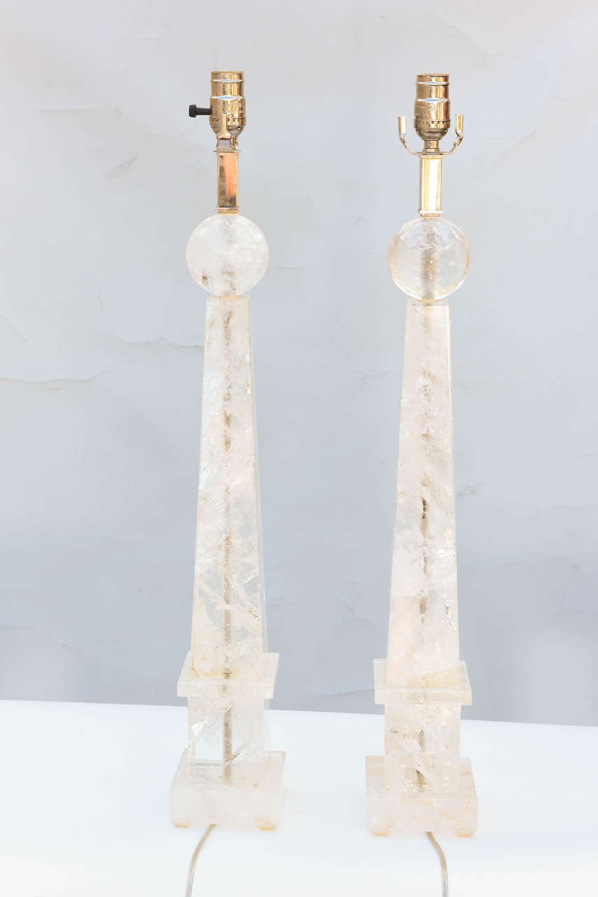 Contemporary Pair of Rock Crystal Obelisk Lamps