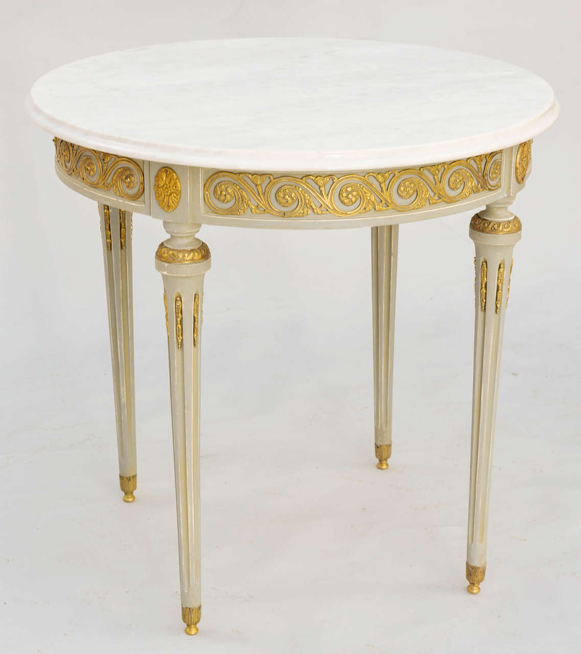 Pair of Scrollwork Inlaid End Tables with Carrara Marble Tops