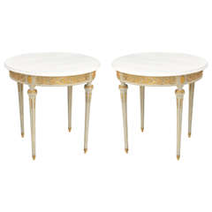 Pair of Scrollwork Inlaid End Tables with Carrara Marble Tops