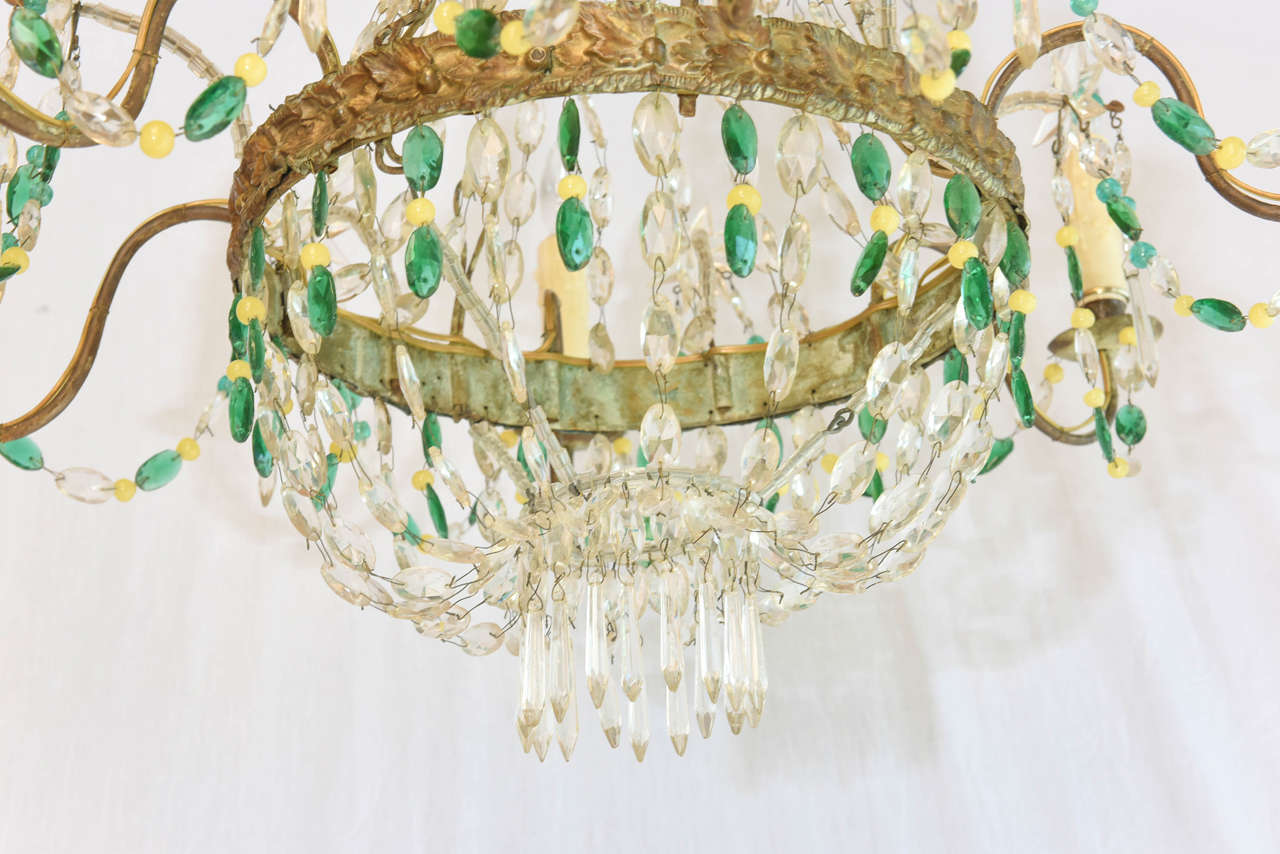 Italian Empire-Form Chandelier with Emerald and Citrine Colored Crystals In Excellent Condition In West Palm Beach, FL