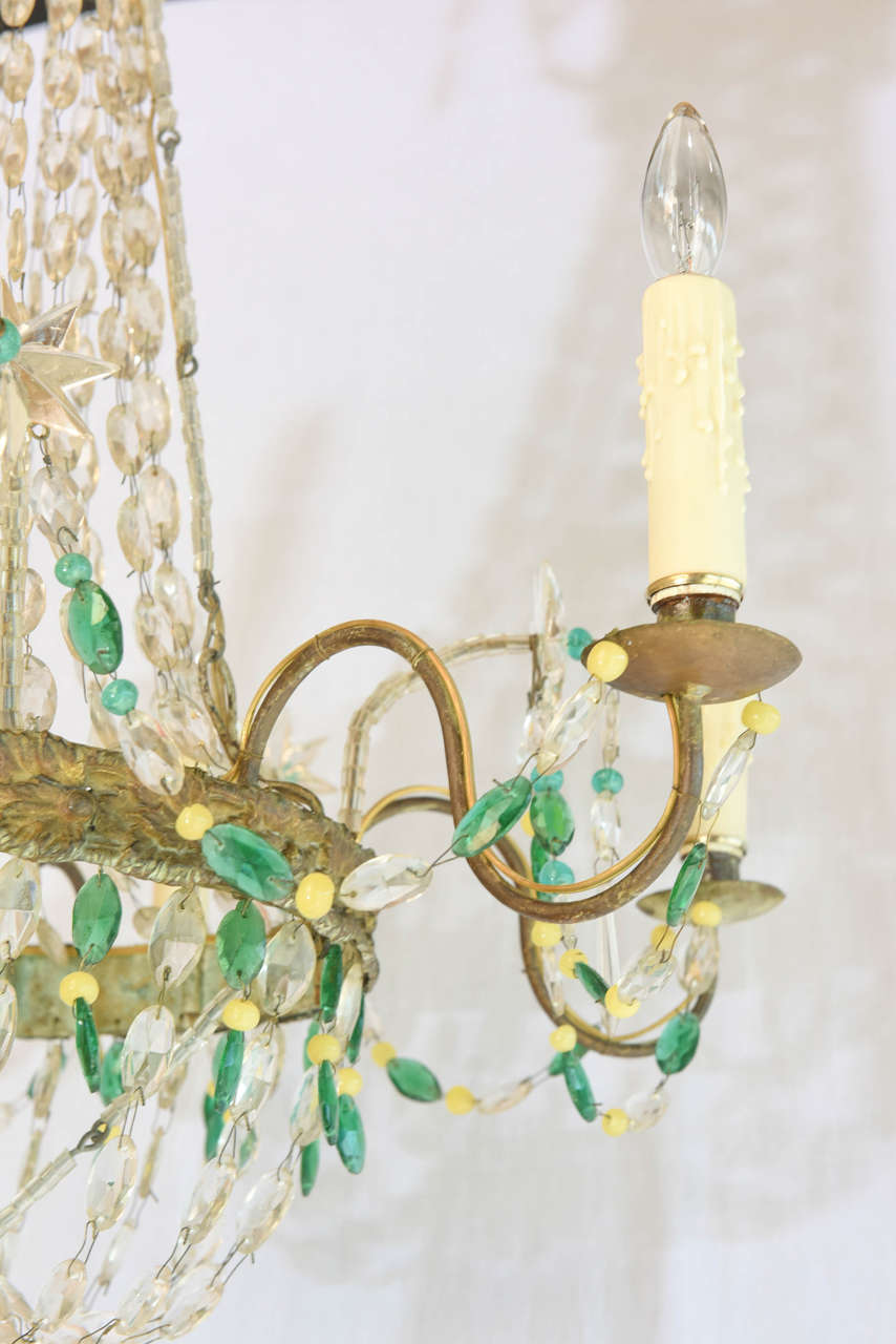 Metal Italian Empire-Form Chandelier with Emerald and Citrine Colored Crystals