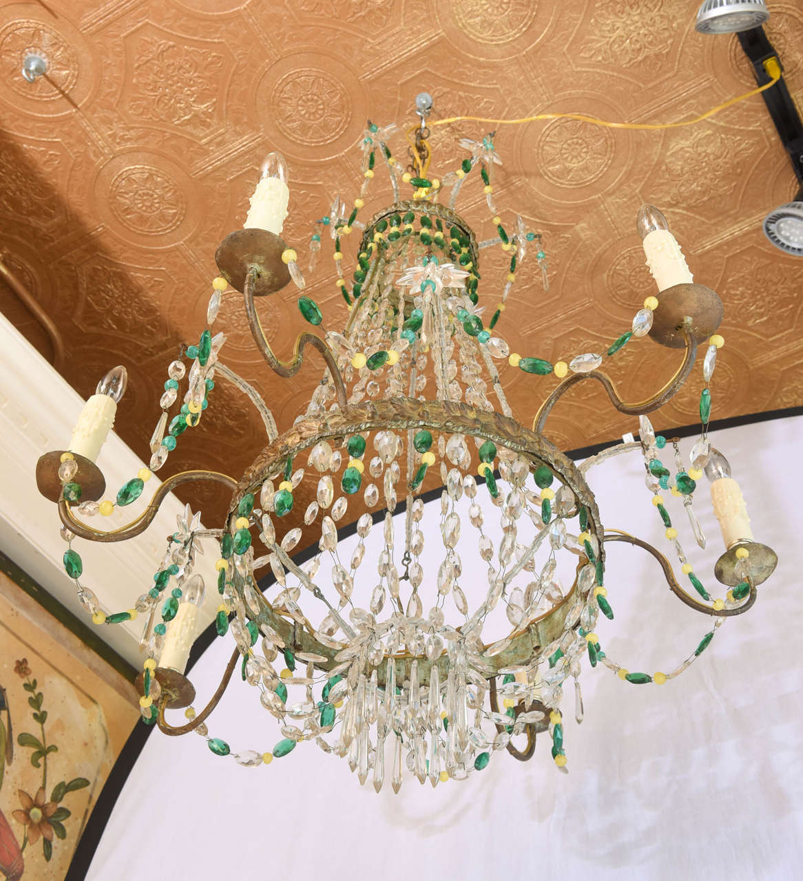 Italian Empire-Form Chandelier with Emerald and Citrine Colored Crystals 2