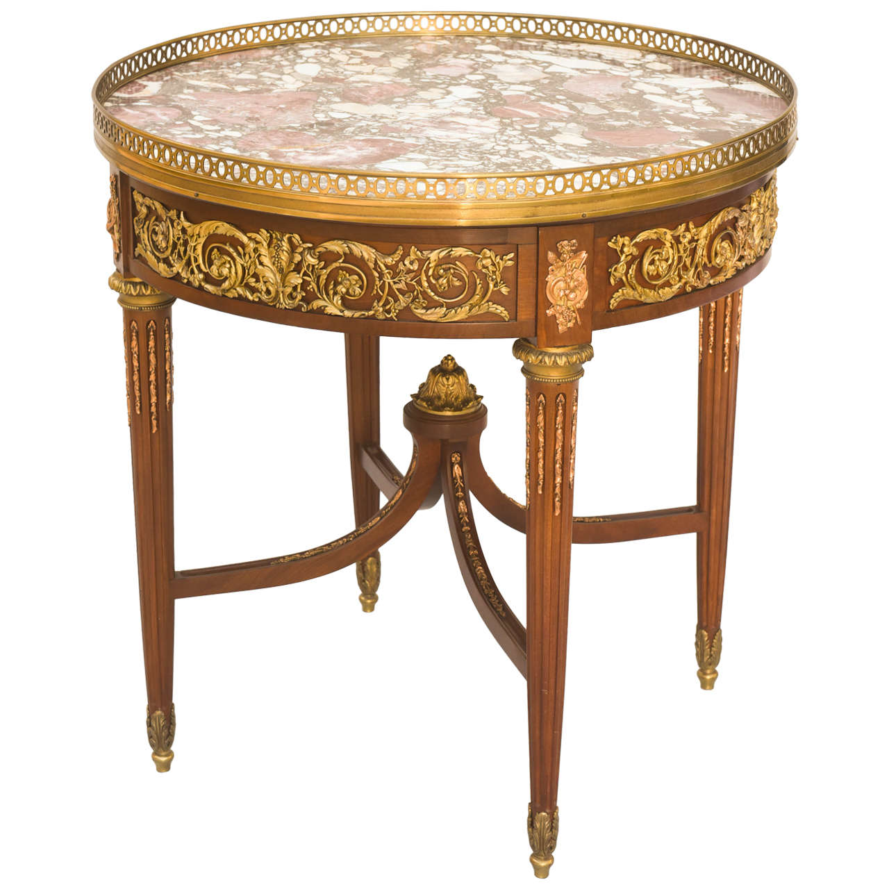 19c. BouillotteTable Inlaid with Bronze Scrollwork For Sale