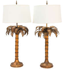 Vintage Pair of Gilded Iron Palm Tree Lamps