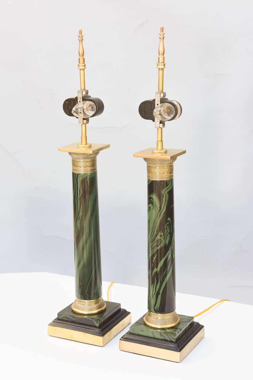 20th Century Pair of Faux Malachite Lamps by Paul Hansen For Sale