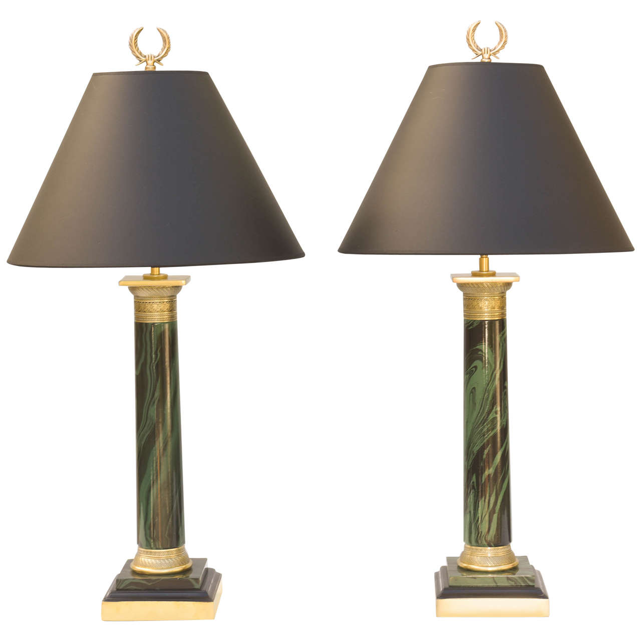 Pair of Faux Malachite Lamps by Paul Hansen For Sale