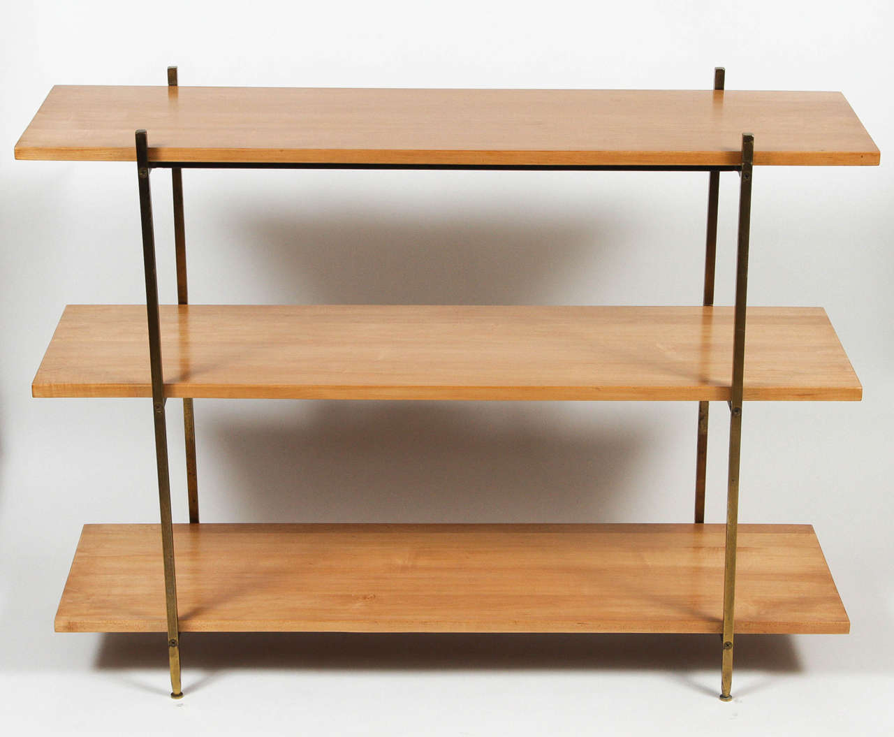 Milo Baughman for Murray Furniture Company three-tiered brass and maple bookshelf, from small production company in Winchendon, Massachusetts, who also manufactured Planner Group for Paul McCobb.