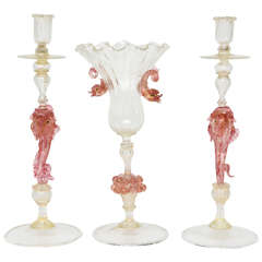 Rare Salviait Murano Candlesticks and Vase