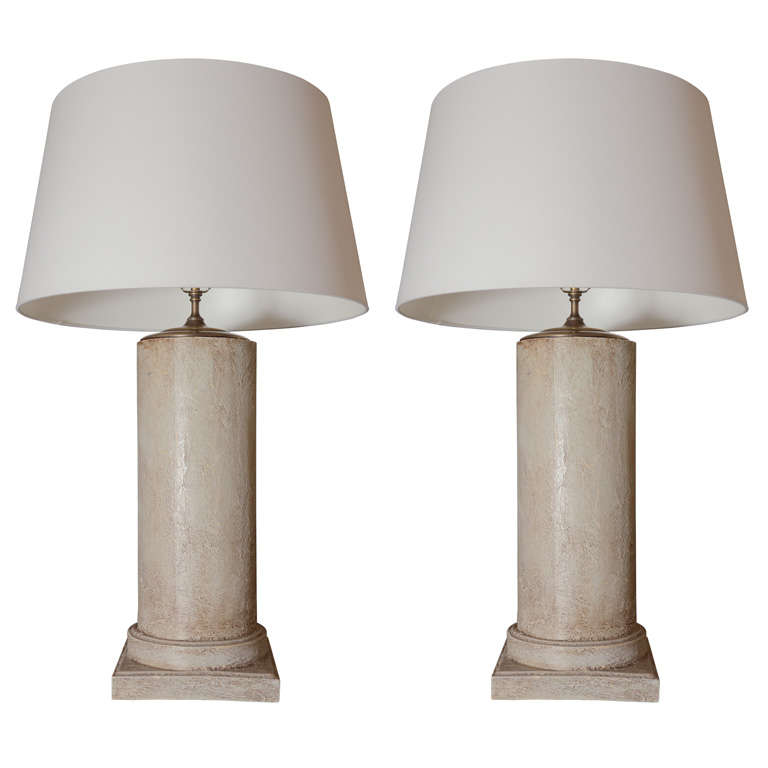 Pair of Lamps Greige Cylinders with Textured Finish For Sale