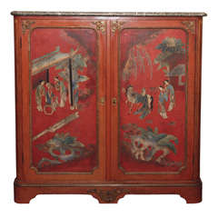 Antique A Red Paint Marble Top Cabinet Incorporating Chinese Panels