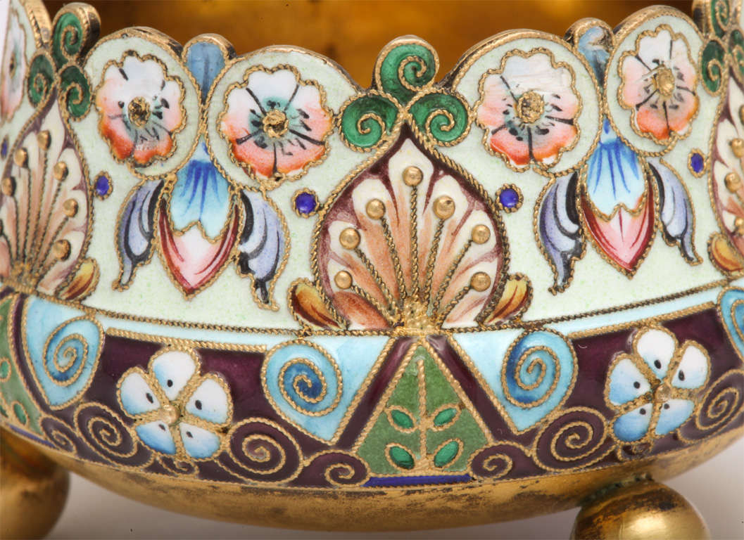 20th Century Russian Enamel On Silver Footed Salt Dish