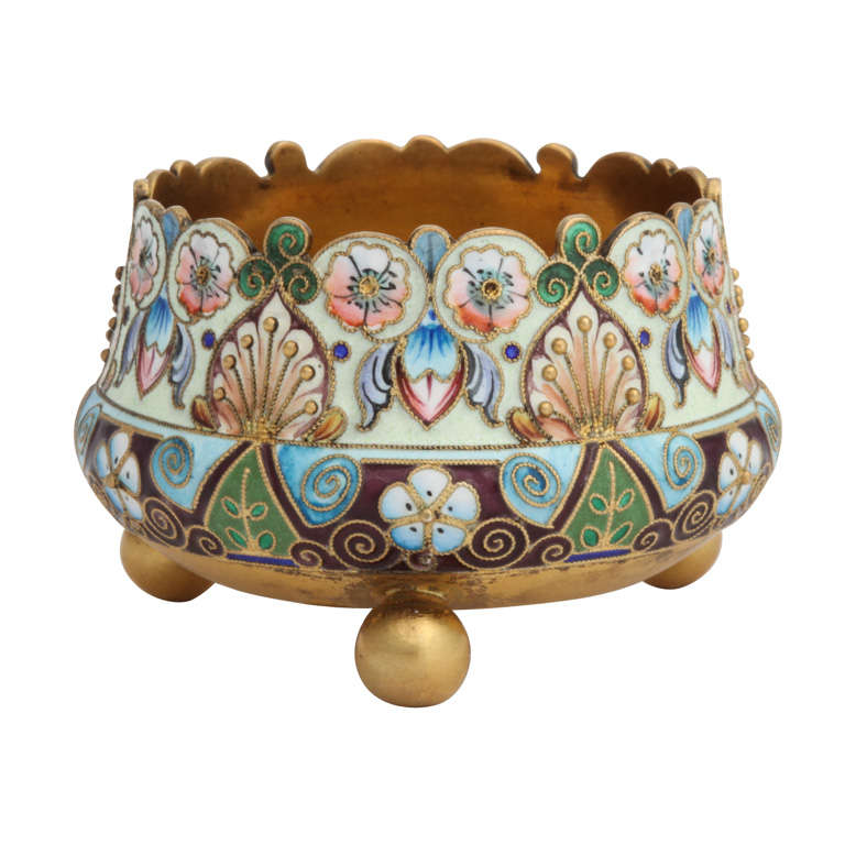 Russian Enamel On Silver Footed Salt Dish