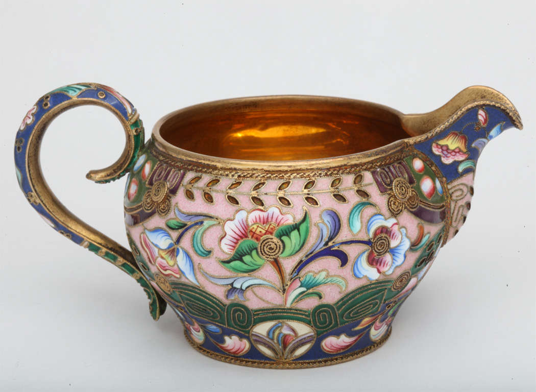 20th Century Russian Enamel On Sliver Creamer For Sale