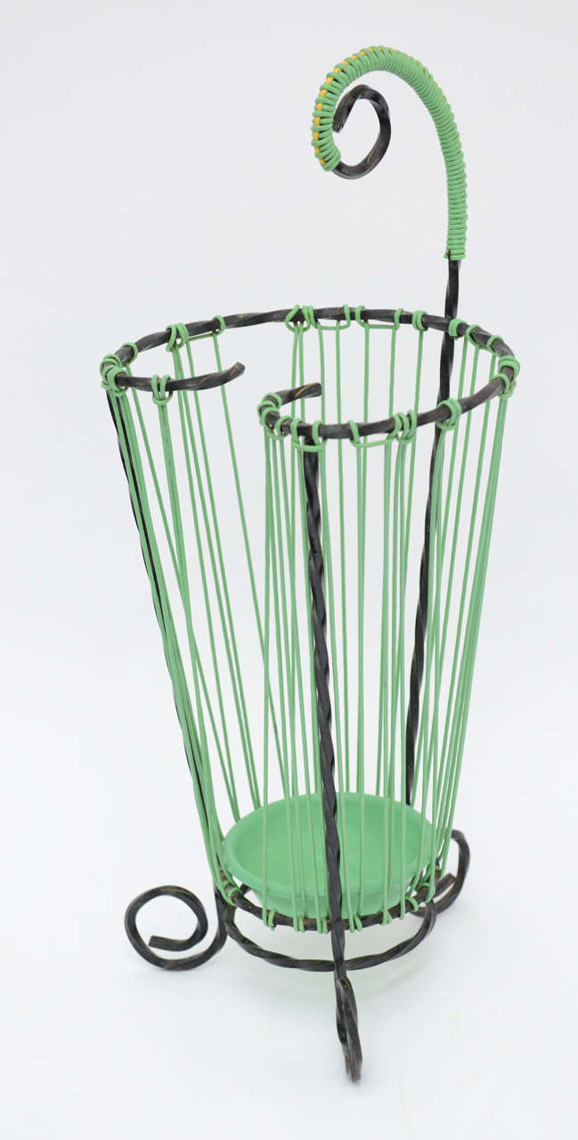 This French vintage umbrella stand trwisted cast iron and light green 