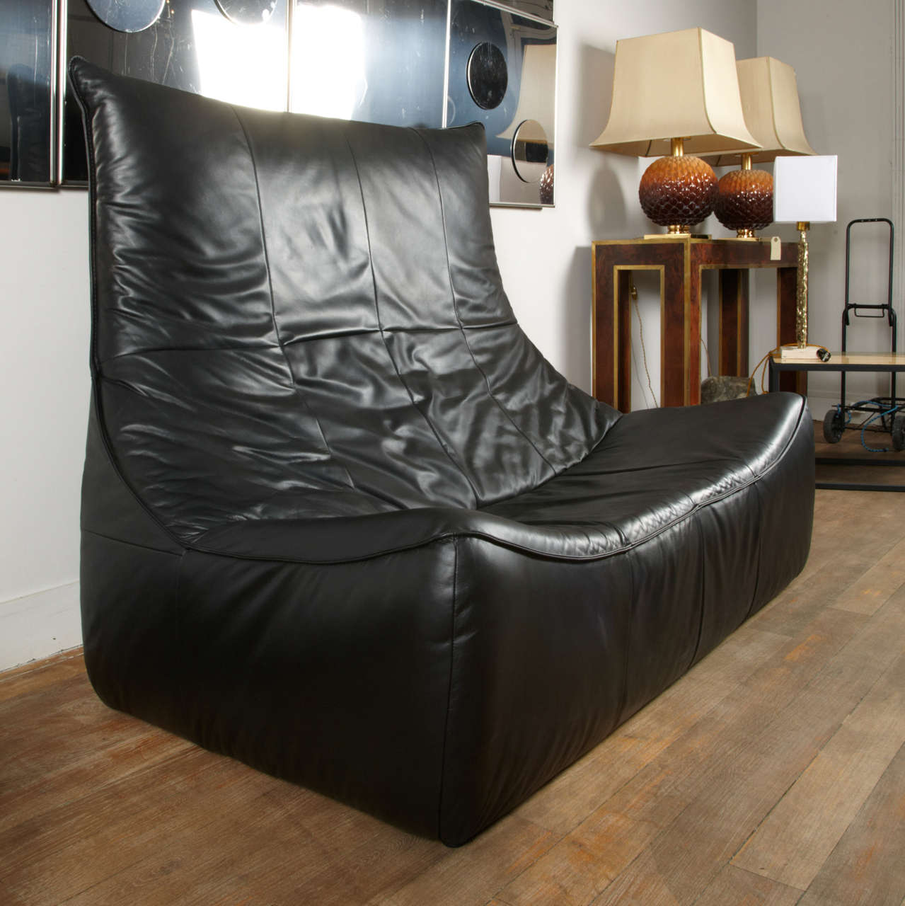 A Black Leather Lounge Sofa "The Rock" Designed by Van Den Berg for