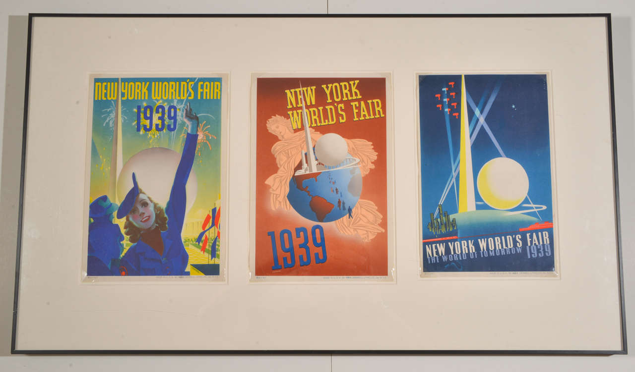 Art Deco Machine Age Original 1939 New York World's Fair Posters Triptych

Here are the three classic award-winning Fair lithograph designs by Staehle, Atherton & Binder.  All signed in the plate:   N.Y.W.F.  Made in U.S.A. by GRINELL LITHO CO.,