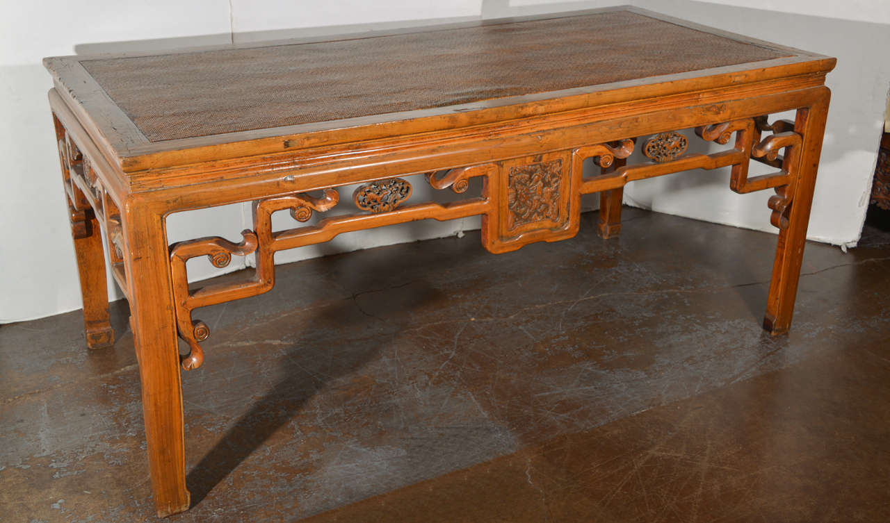 Chinese rectangular table with inset woven top; carving around apron, Qing Dynasty