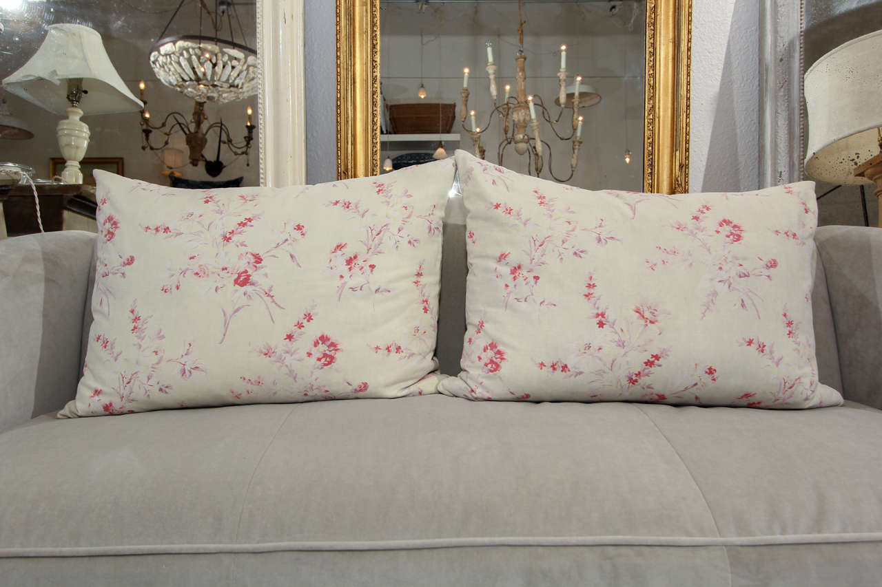 lovely faded pink floral on pale gray ground. 
fabric is from france... both sides...
inserts are hand filled down and feather.
