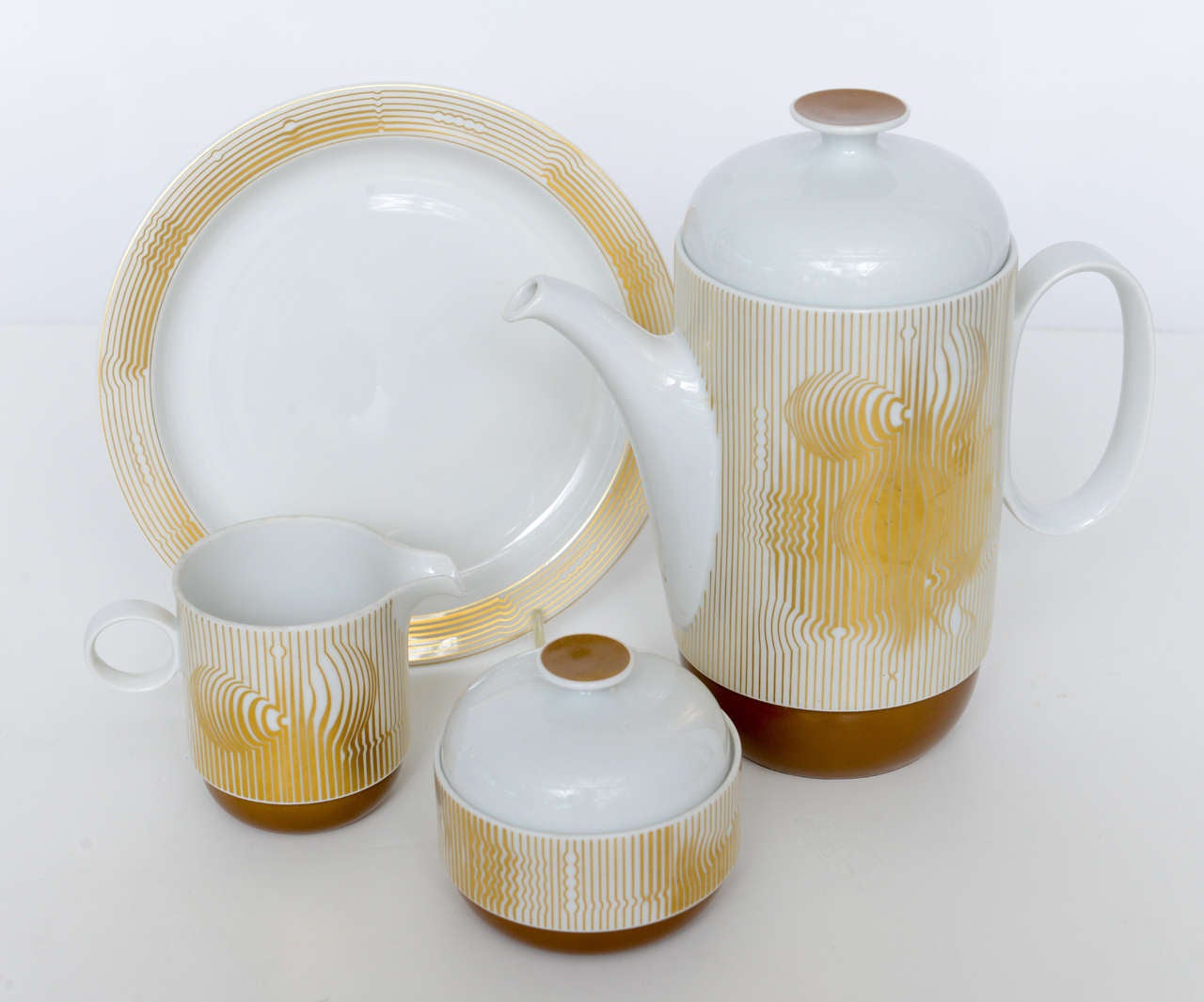 It's such a treat to look at this gorgeous after-dinner set designed by Victor Vasarely for Rosenthal Studio-Line, who needs dessert?! Service consists of coffee pot, creamer, sugar bowl, 6 cups and saucers, and 6 dessert plates in near-mint
