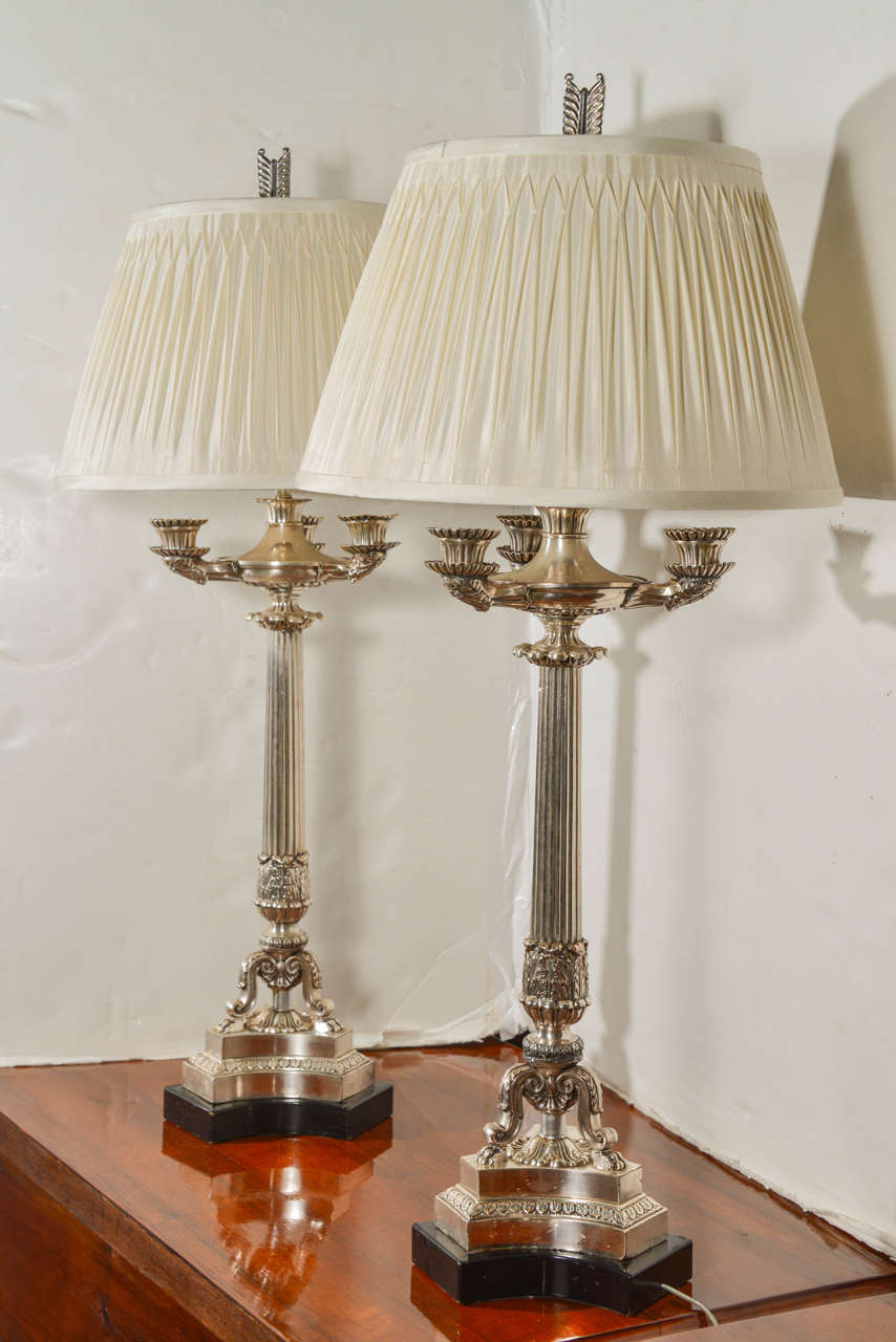 pair of 19th c Charles X  silvered bronze candelabrum lamps with custom silk pleated shades