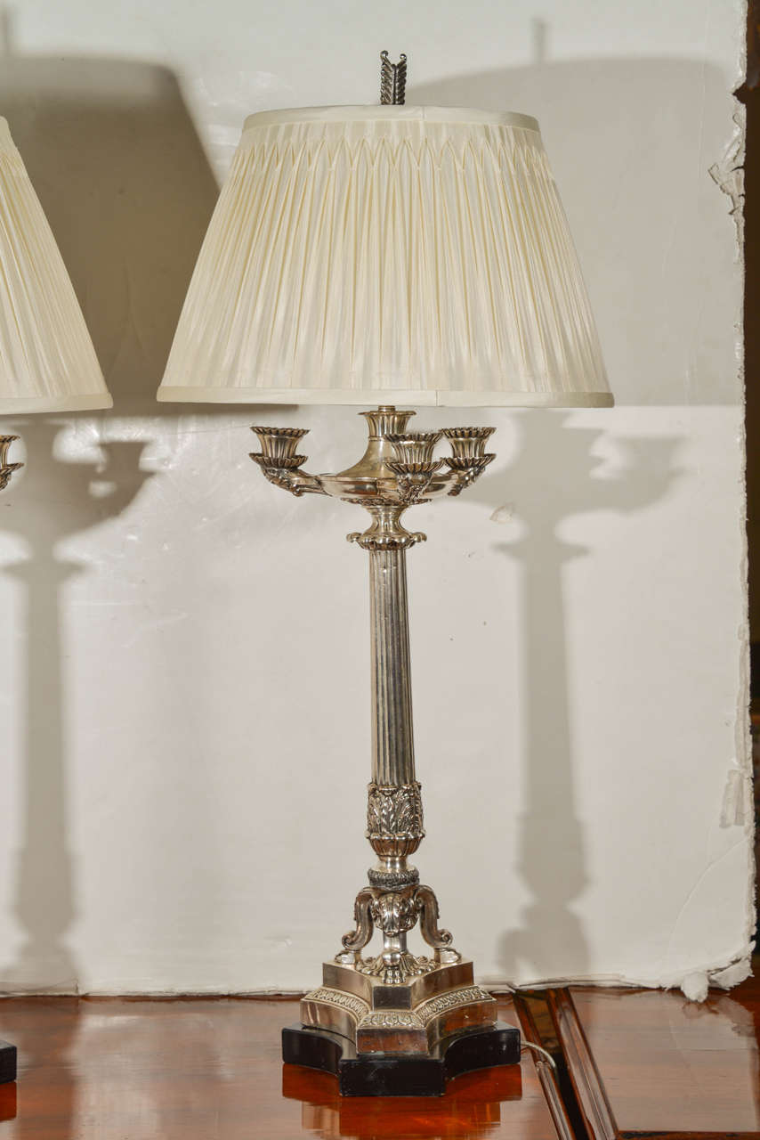 French 19th C Silver Over Bronze Charles X Candleabrum Lamps