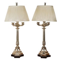 Antique 19th C Silver Over Bronze Charles X Candleabrum Lamps