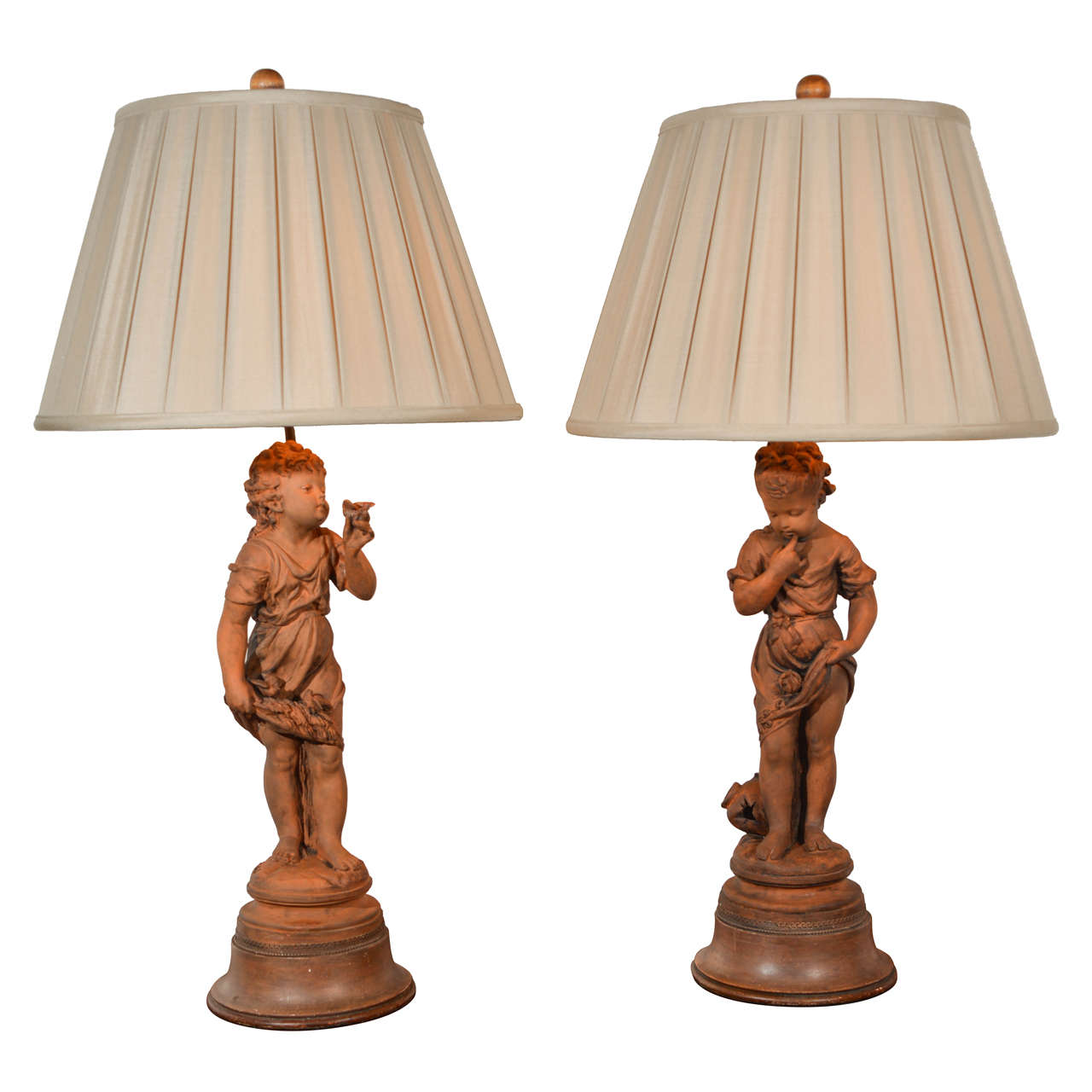 19th C Signed Italian Terra Cotta Figural Lamps 
