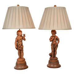 Antique 19th C Signed Italian Terra Cotta Figural Lamps 